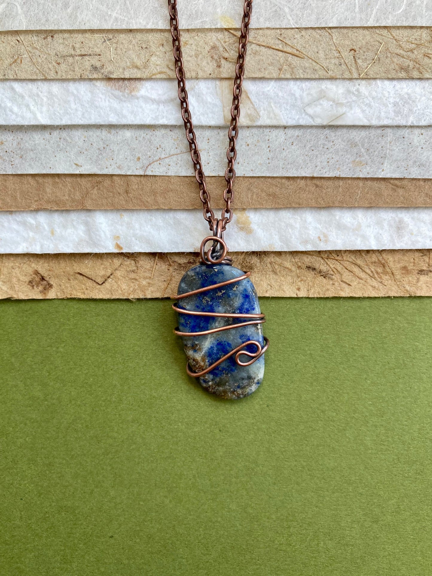Lapis lazuli pendant handmade necklace wire wrapped natural stone with 18 inch length chain