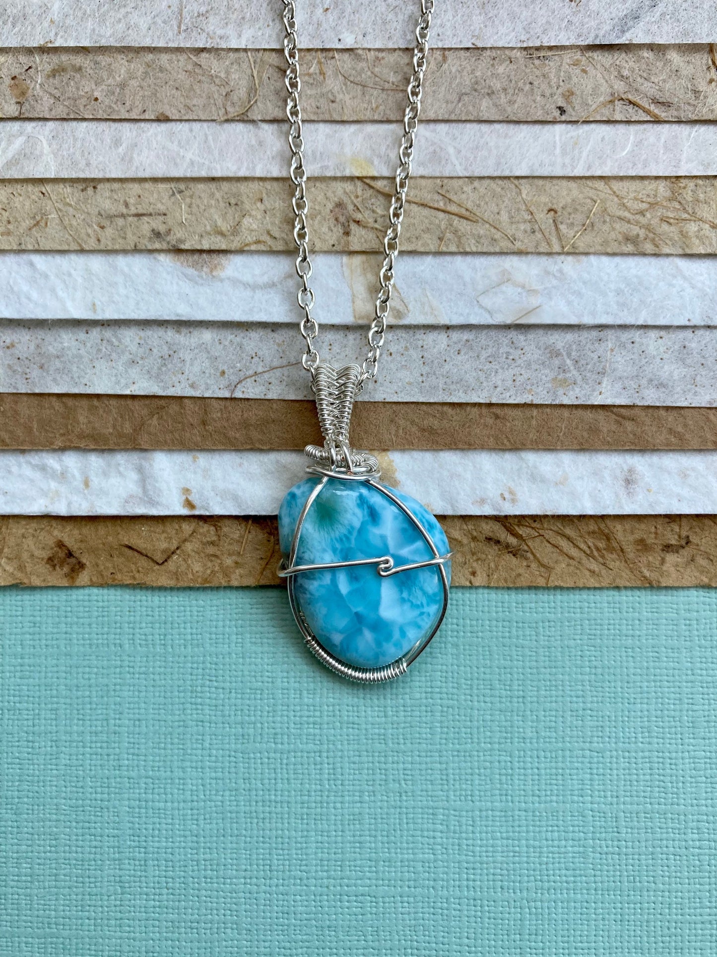 Larimar pendant handmade necklace wire wrapped natural stone with 18 inch length chain