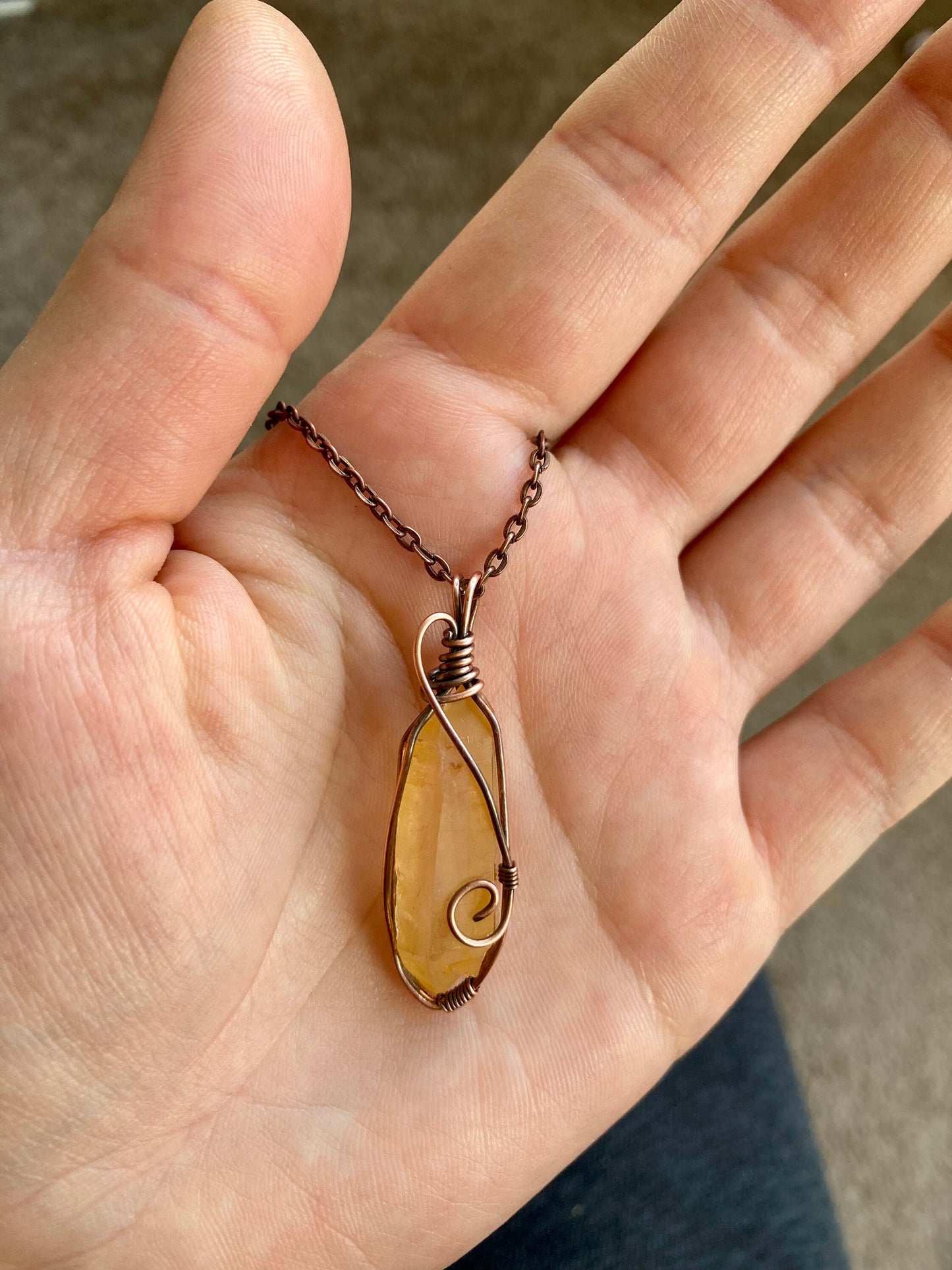 Tangerine Quartz pendant handmade necklace wire wrapped natural stone with 18 inch length chain