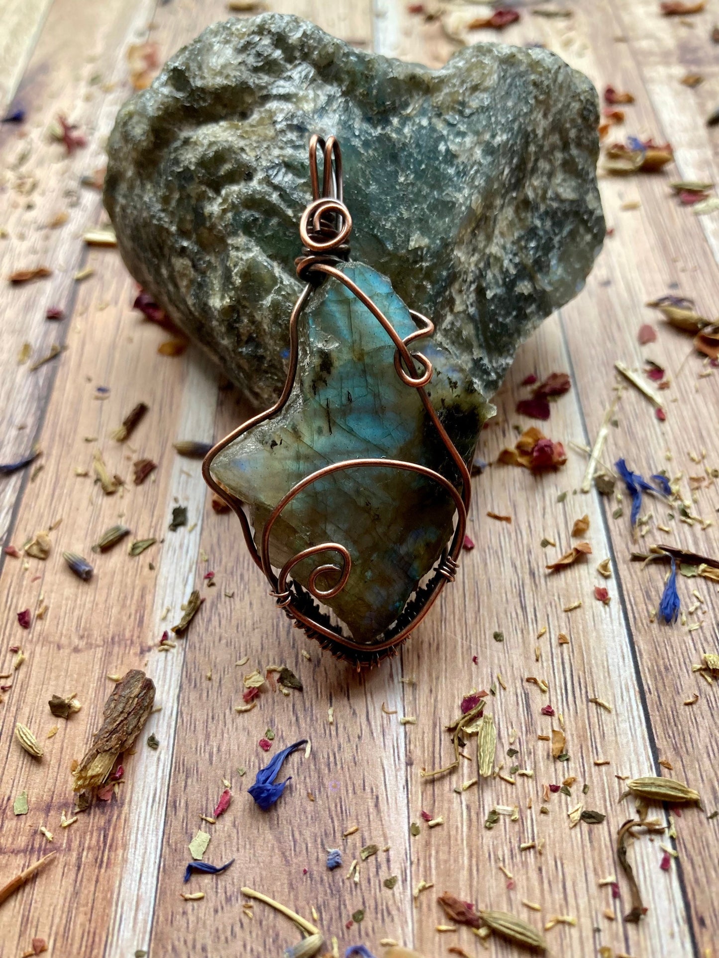 Labradorite pendant handmade necklace wire wrapped natural stone with 18 inch length chain