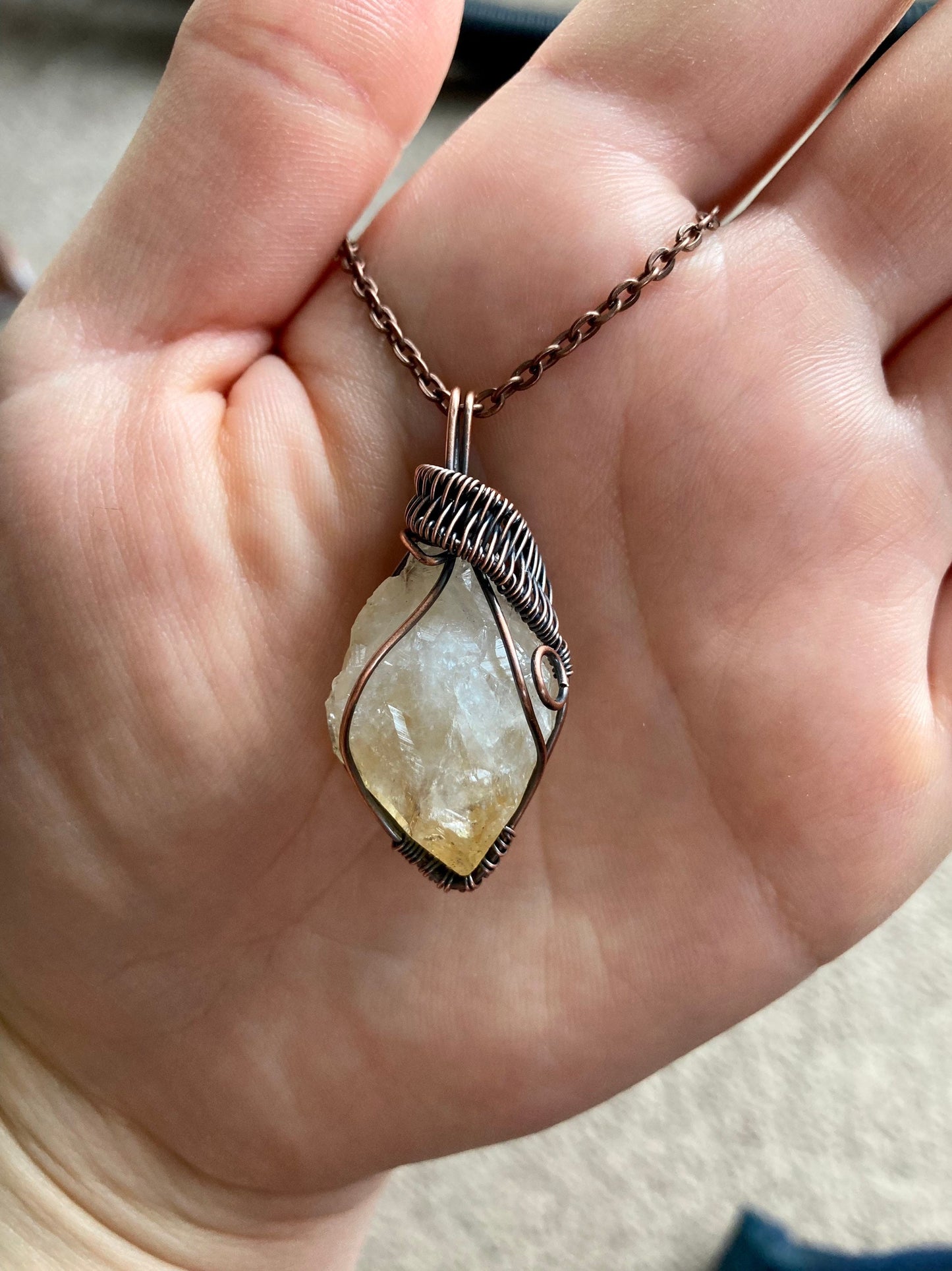 Citrine pendant handmade necklace wire wrapped natural stone with 18 inch length chain