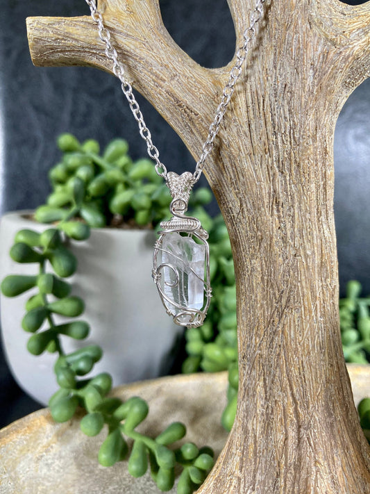 Quartz pendant handmade necklace wire wrapped natural stone with 18 inch length chain