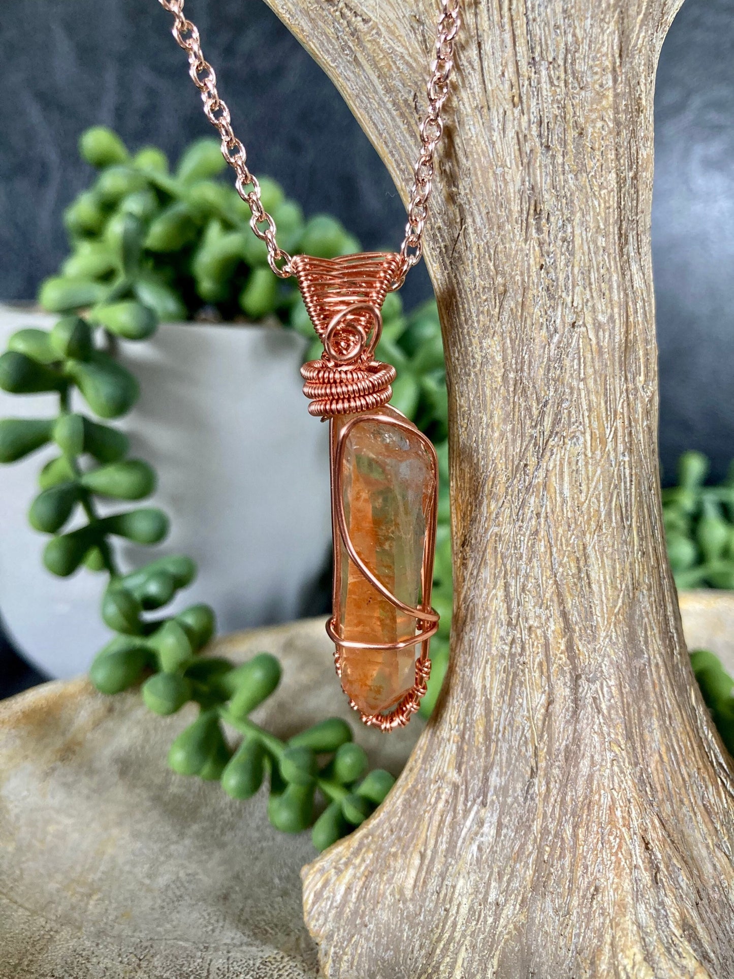 Tangerine quartz pendant handmade necklace wire wrapped natural stone with 18 inch length chain