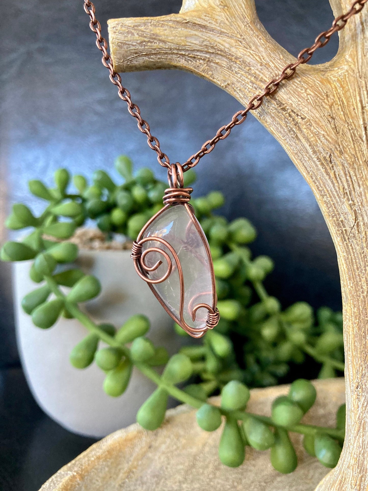 Rose quartz pendant handmade necklace wire wrapped natural stone with 18 inch length chain