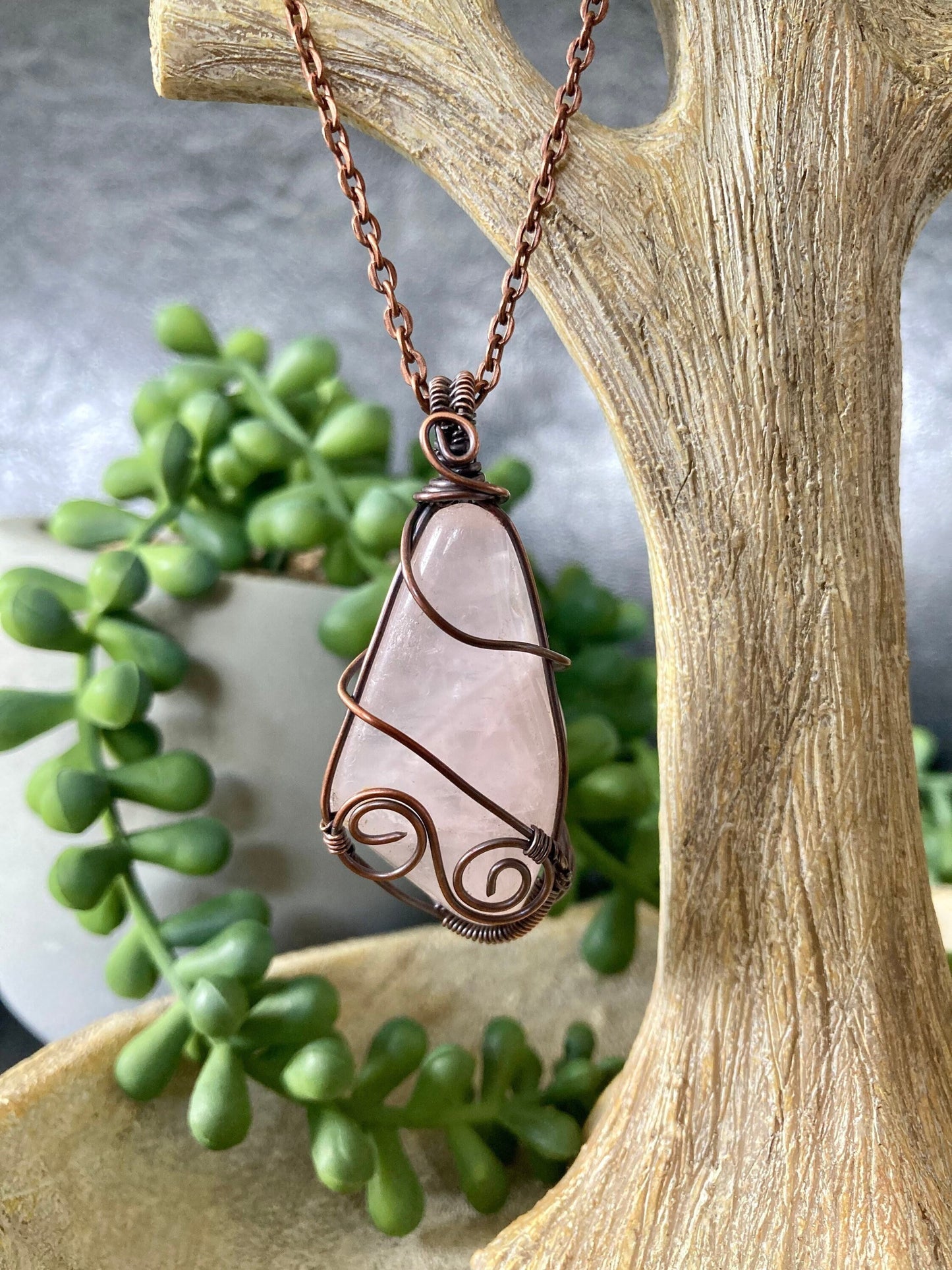 Rose quartz pendant handmade necklace wire wrapped natural stone with 18 inch length chain