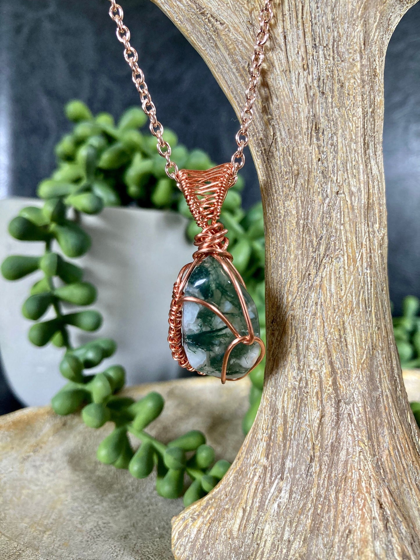 Tree agate pendant handmade necklace wire wrapped natural stone with 18 inch length chain