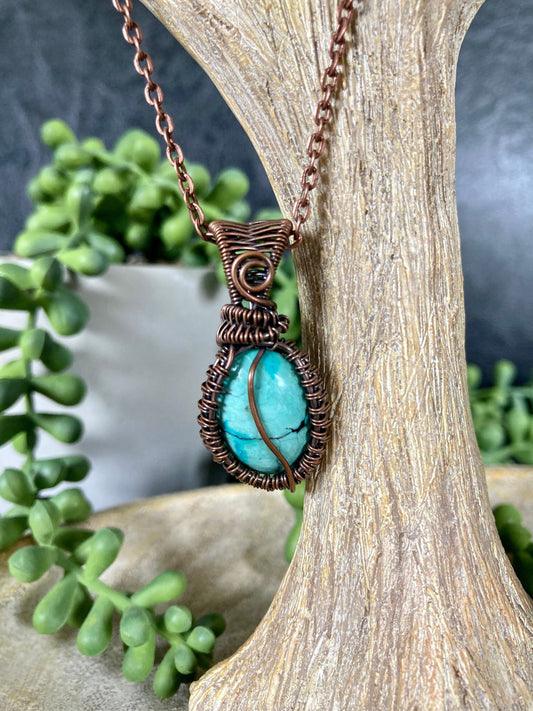 Tibetan turquoise pendant handmade necklace wire wrapped natural stone with 18 inch length chain