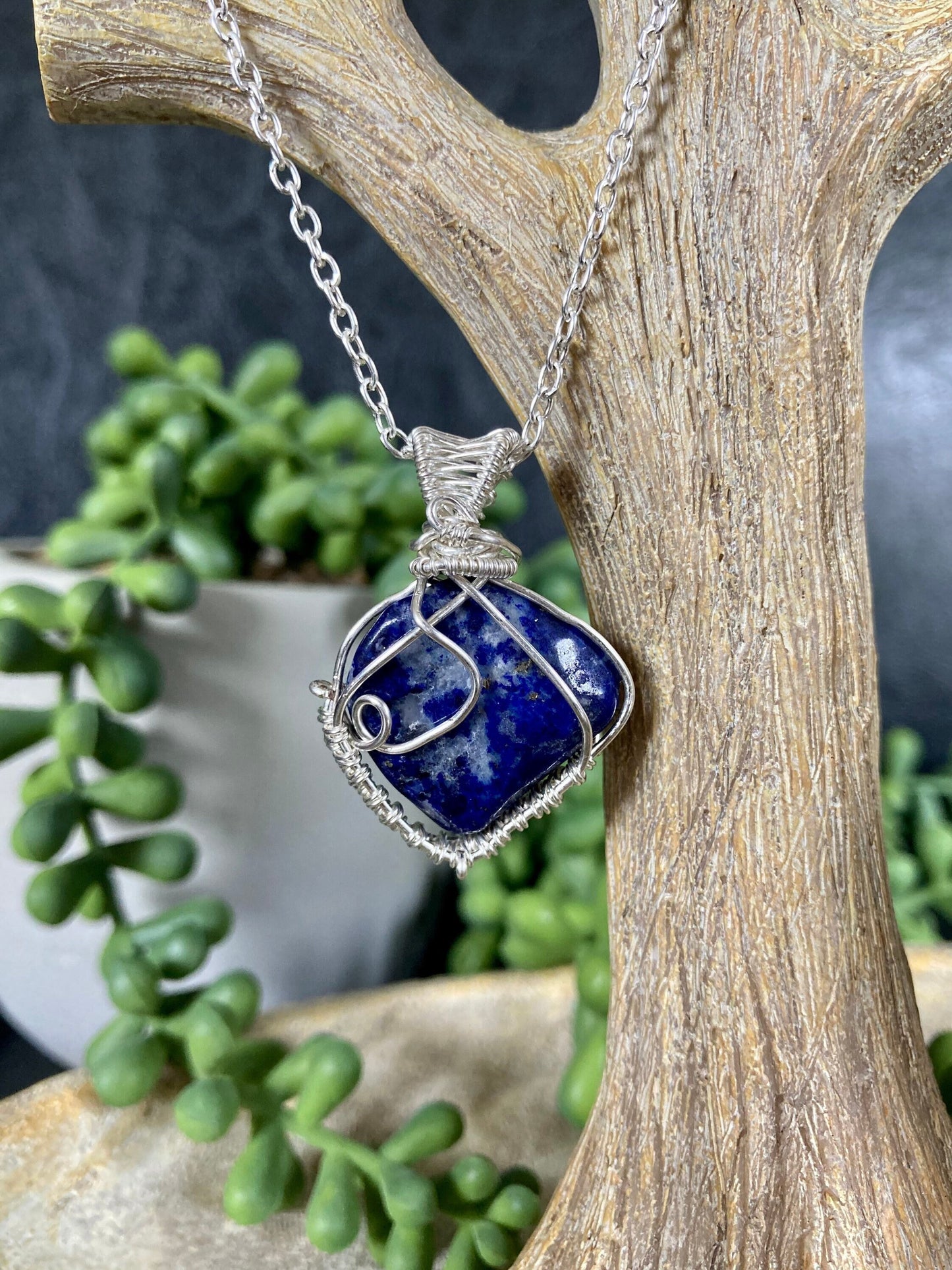 Lapis lazuli pendant handmade necklace wire wrapped natural stone with 18 inch length chain