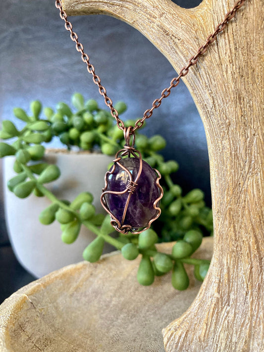 Amethyst pendant handmade necklace wire wrapped natural stone with 18 inch length chain