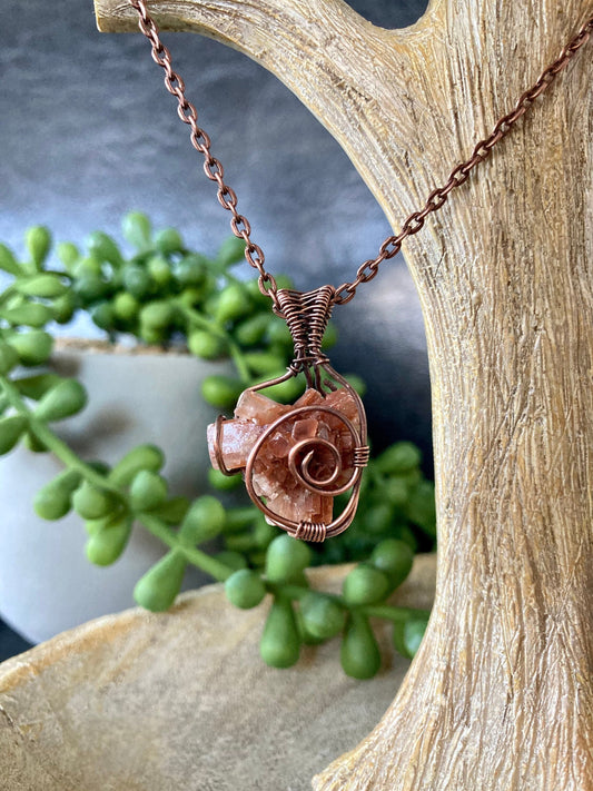 Aragonite pendant handmade necklace wire wrapped natural stone with 18 inch length chain