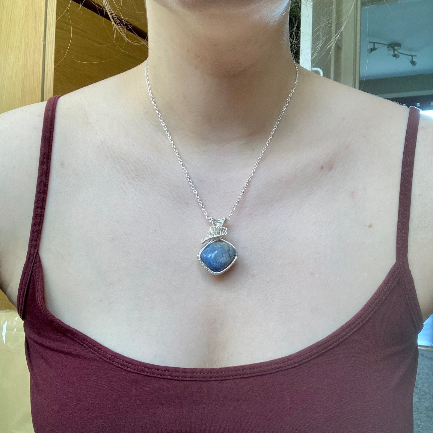 Dumortierite pendant handmade necklace wire wrapped natural stone with 18 inch length chain