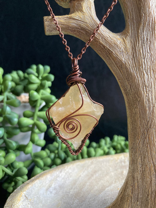 Honey calcite pendant handmade necklace wire wrapped natural stone with 18 inch length chain