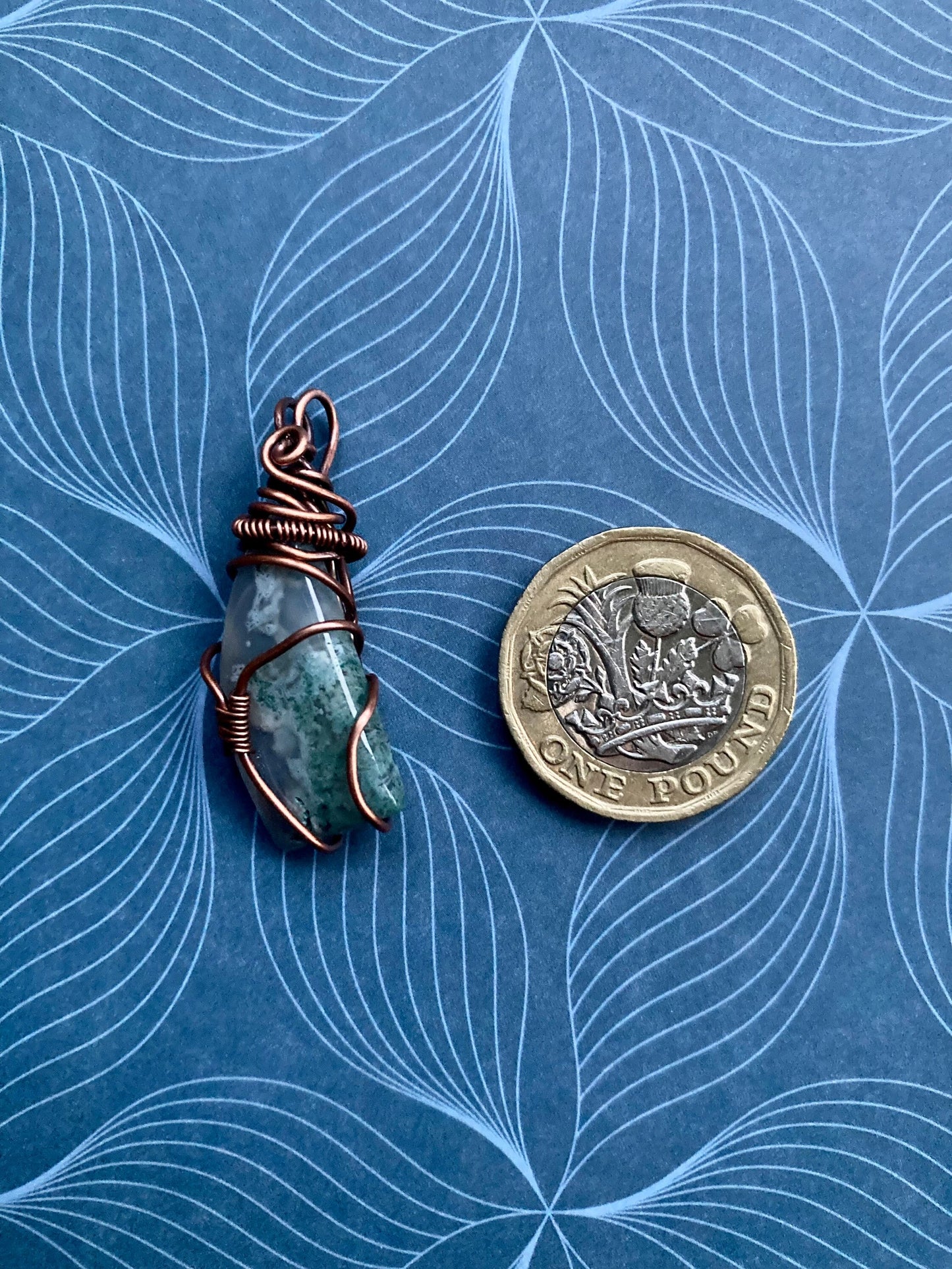 Moss agate pendant handmade necklace wire wrapped natural stone with 18 inch length chain