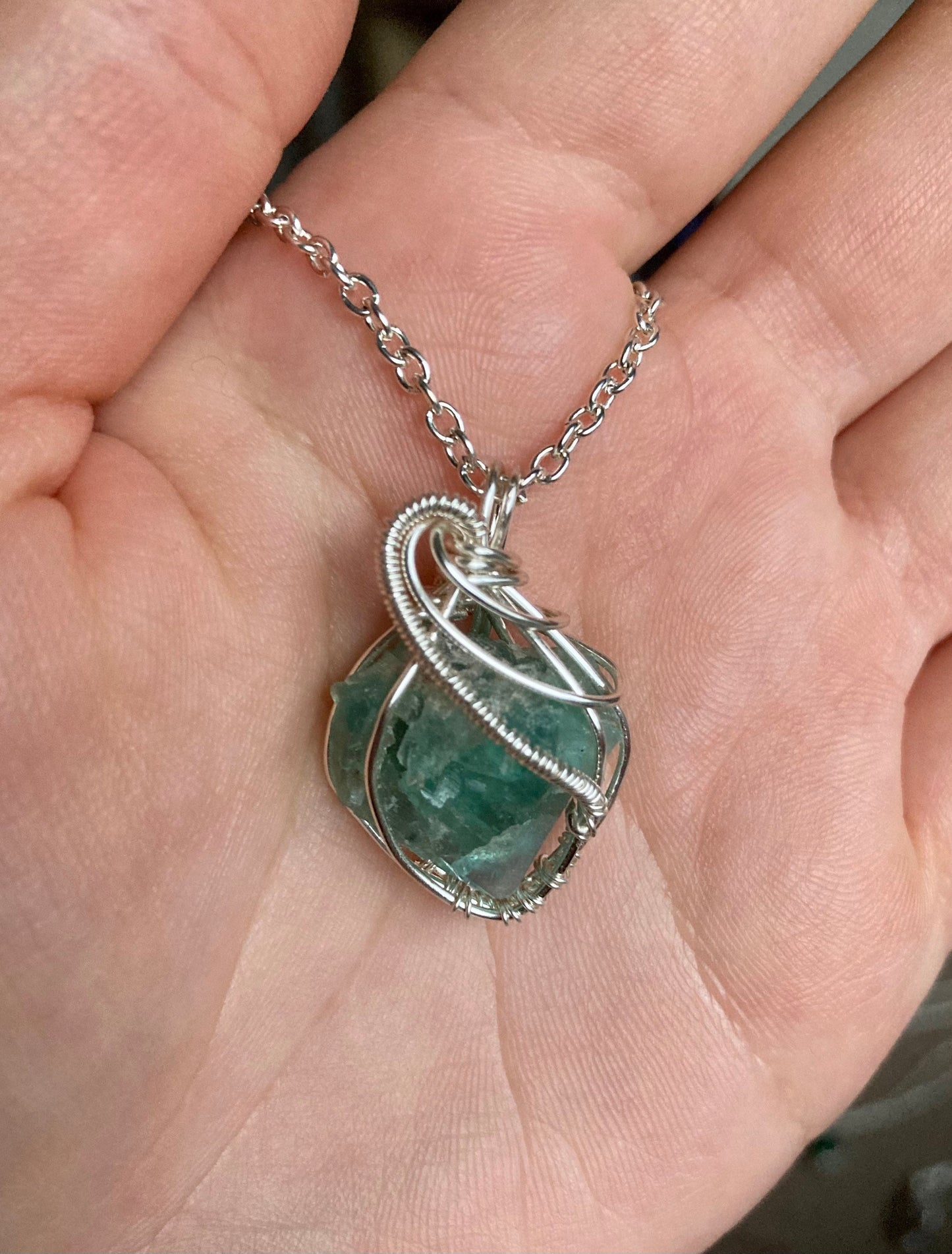 Green fluorite pendant handmade necklace wire wrapped natural stone with 18 inch length chain