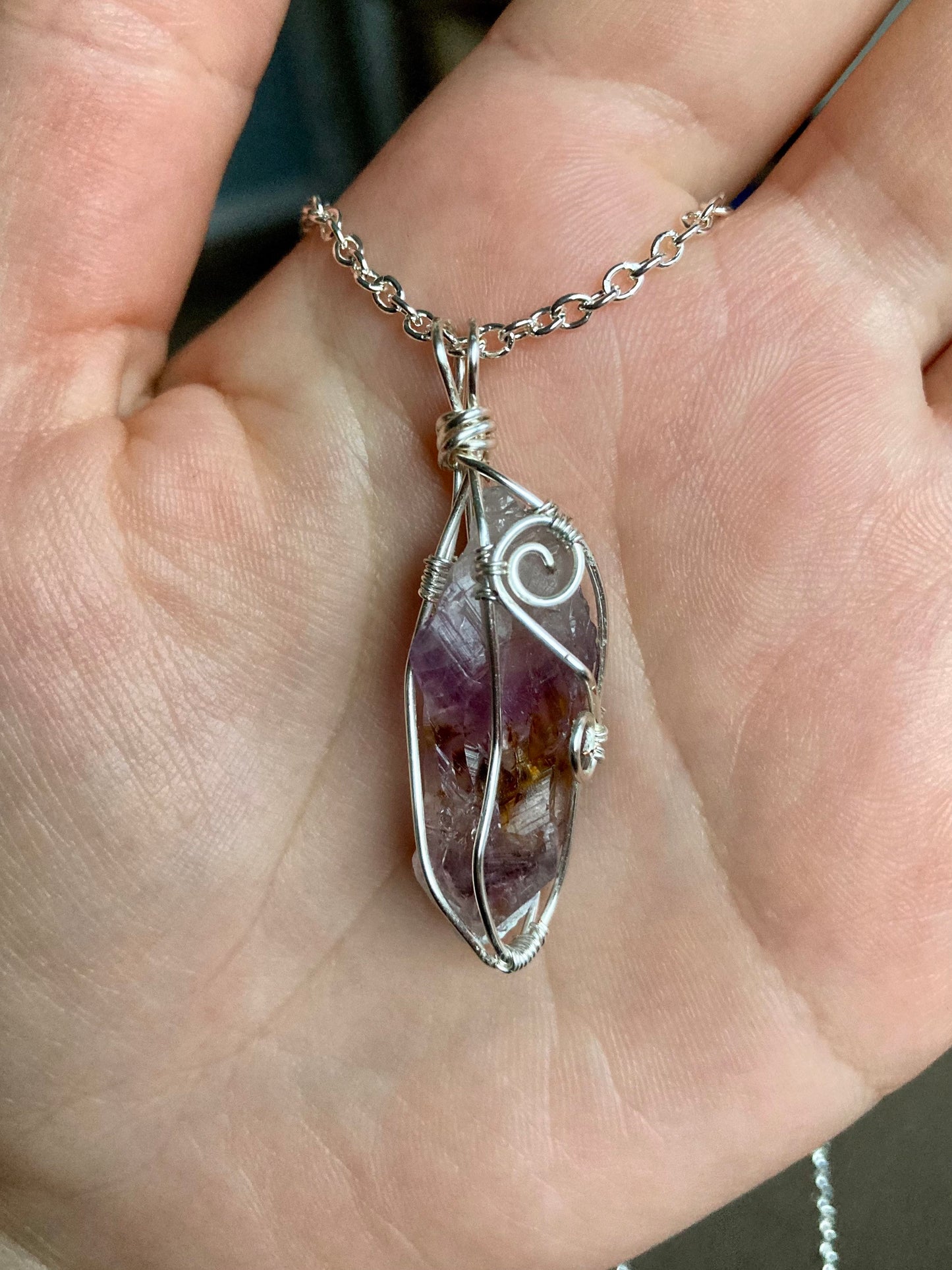 Amethyst pendant handmade necklace wire wrapped natural stone with 18 inch length chain