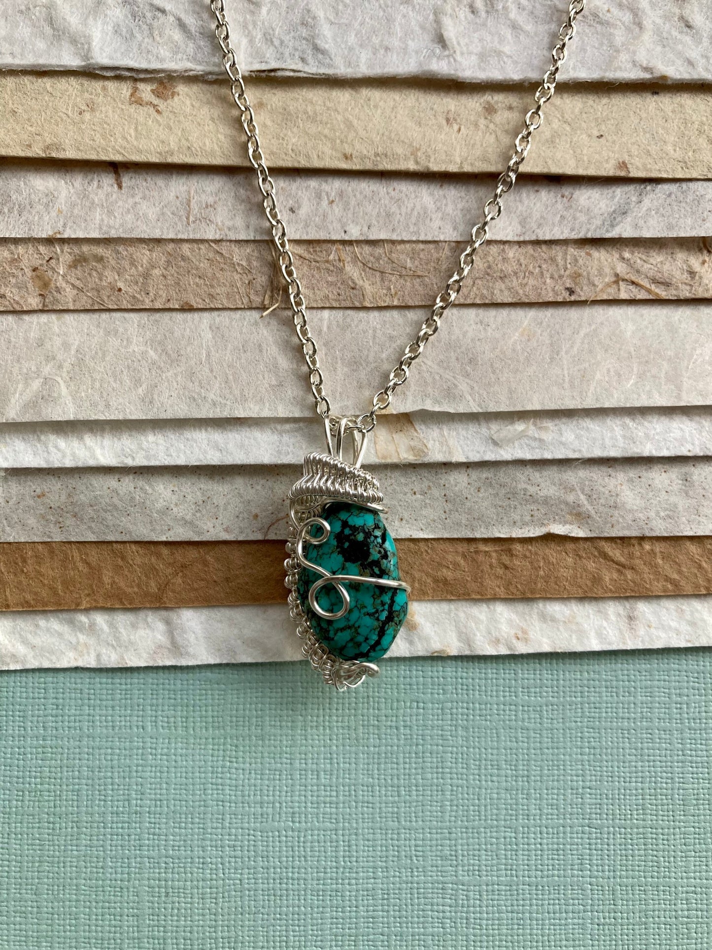 Tibetan turquoise pendant handmade necklace wire wrapped natural stone with 18 inch length chain