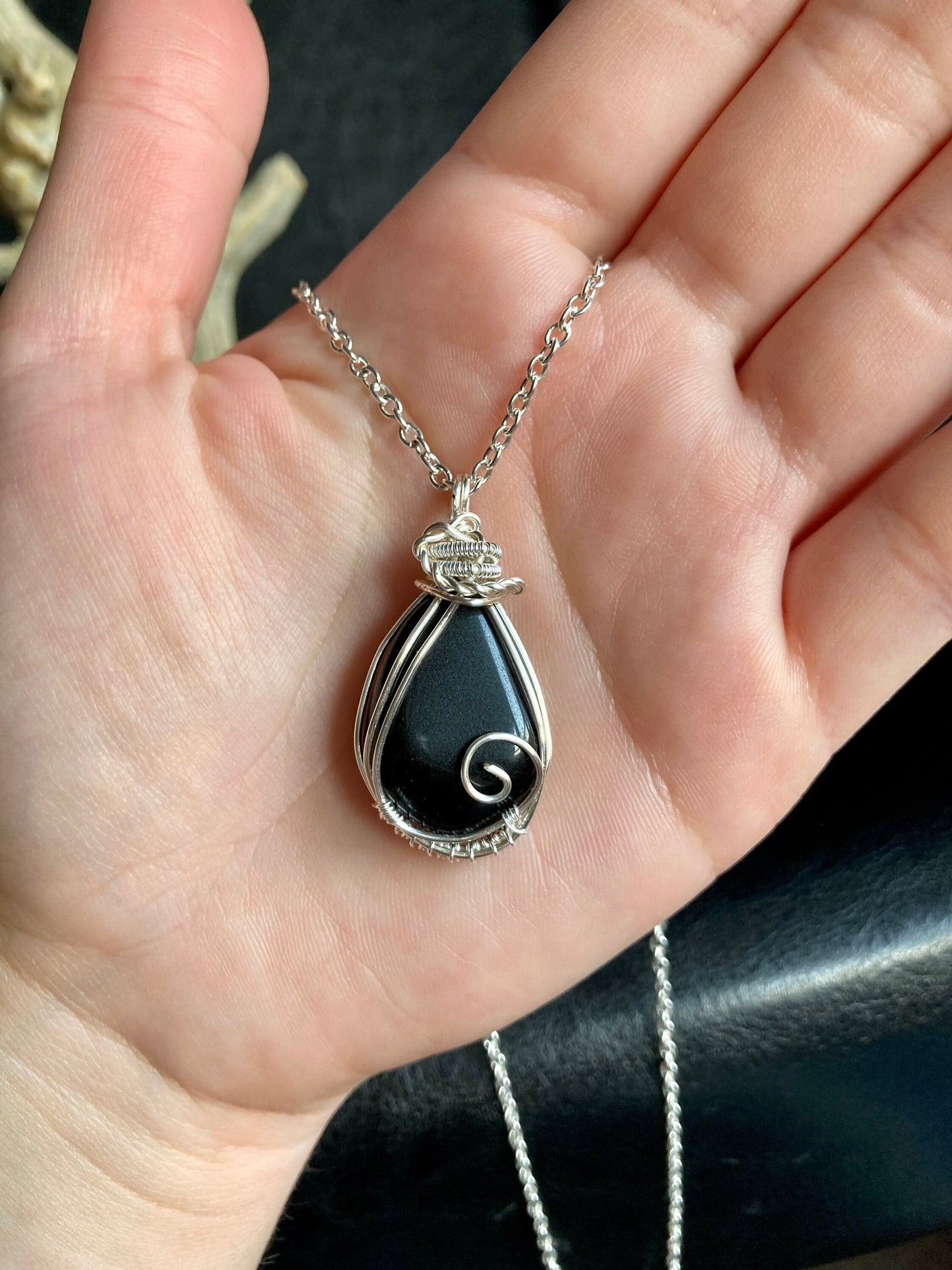 Obsidian pendant handmade necklace wire wrapped natural stone with 18 inch length chain