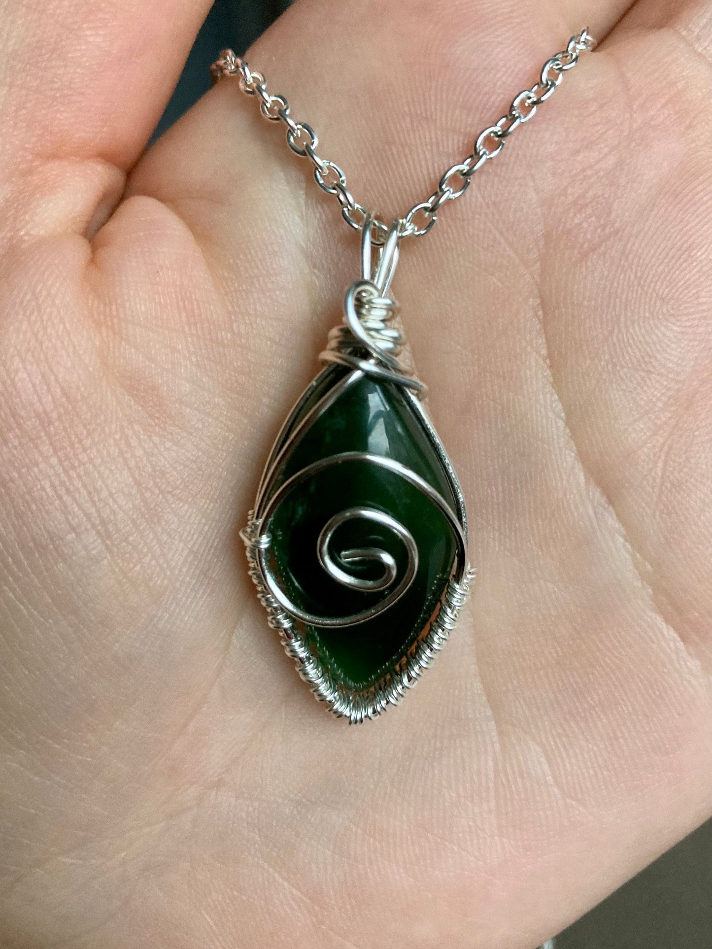 Moss agate pendant handmade necklace wire wrapped natural stone with 18 inch length chain