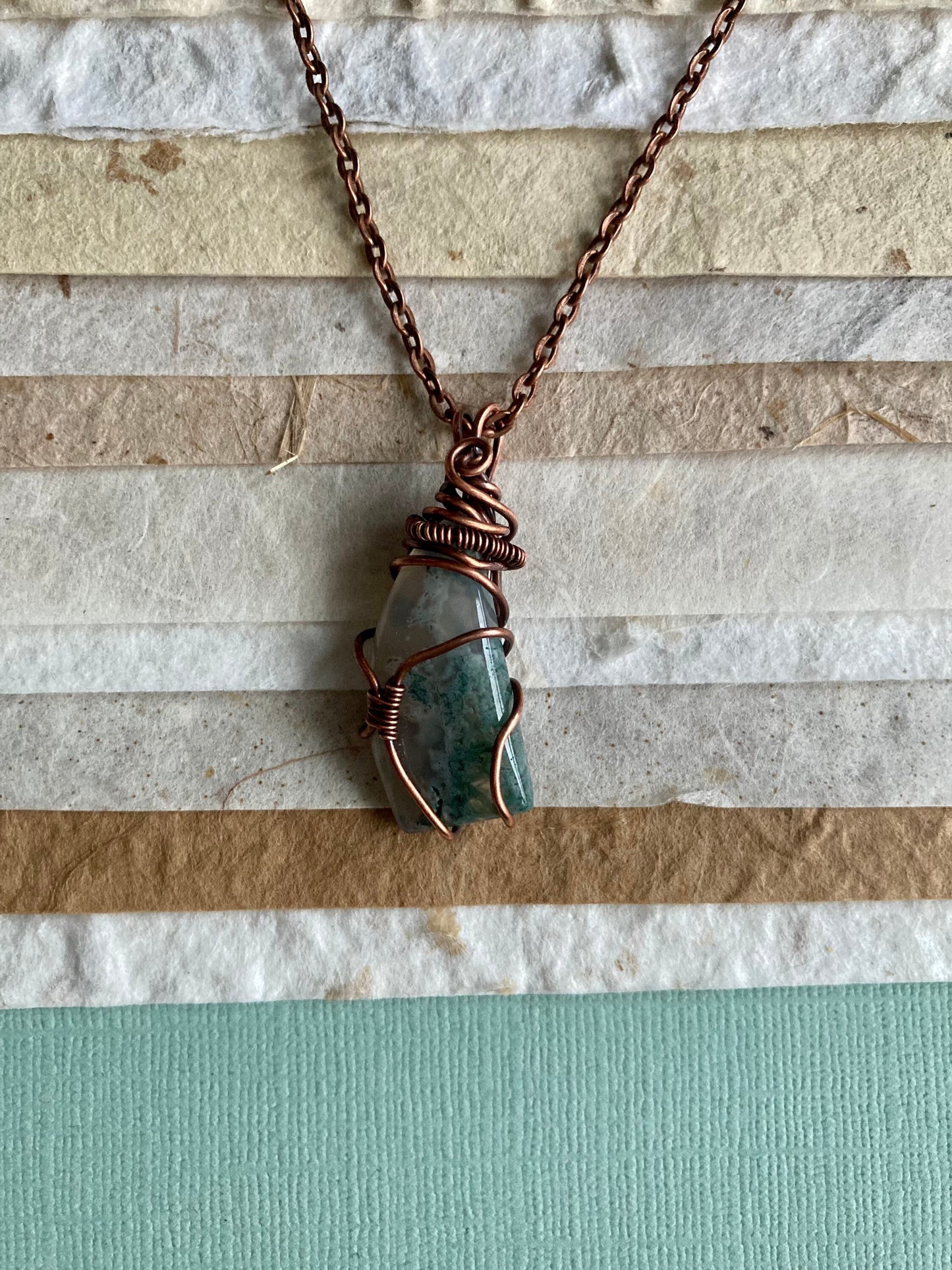 Moss agate pendant handmade necklace wire wrapped natural stone with 18 inch length chain