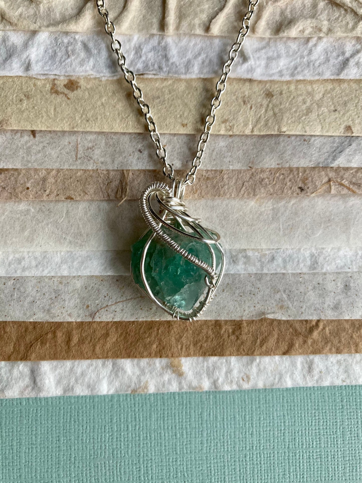 Green fluorite pendant handmade necklace wire wrapped natural stone with 18 inch length chain