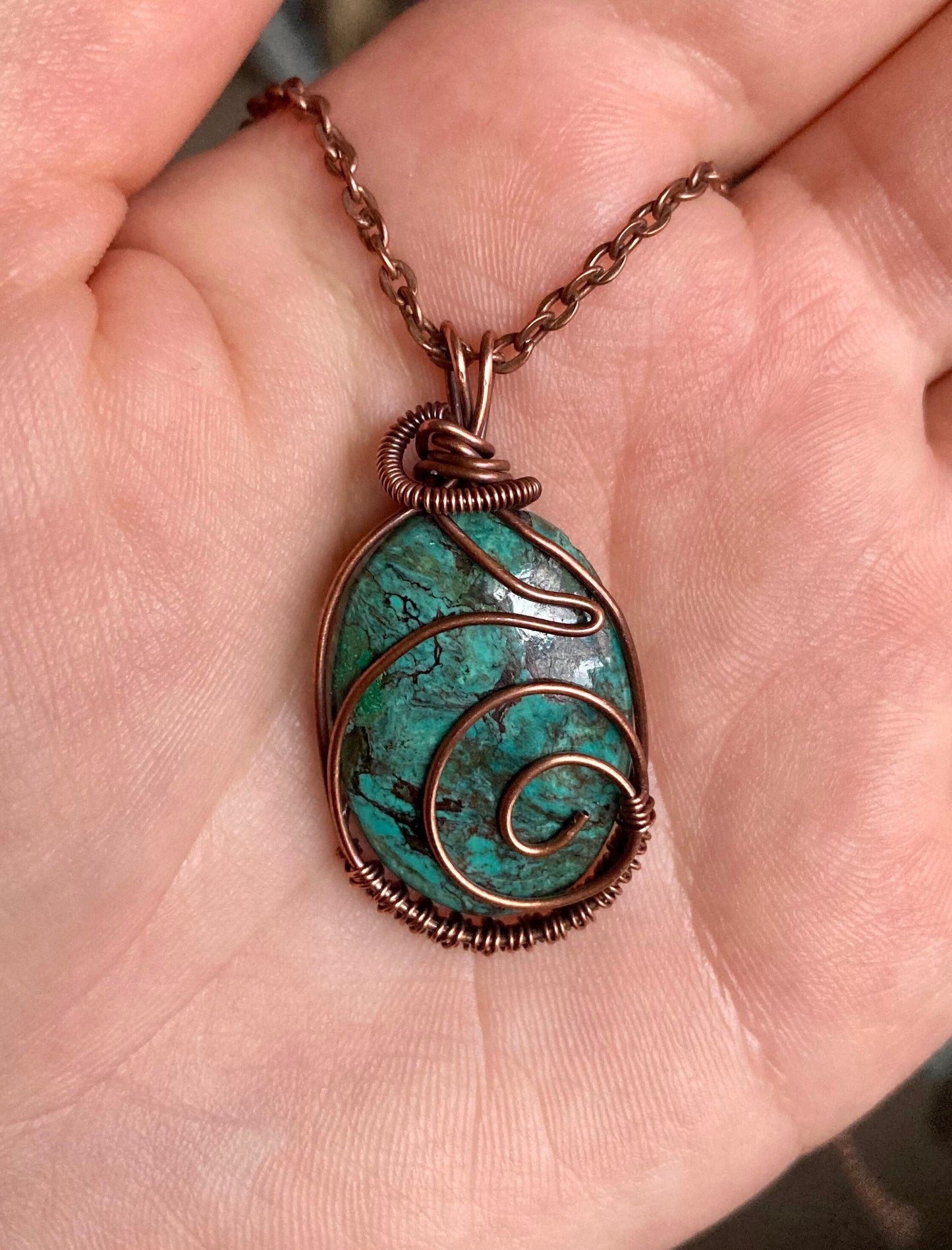 Tibetan turquoise pendant handmade necklace wire wrapped natural stone with 18 inch length chain