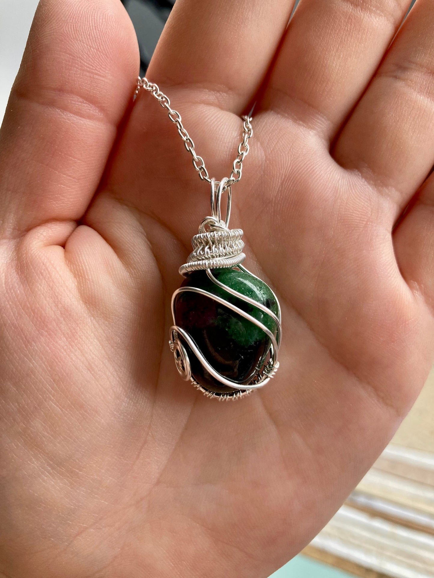 Ruby zoisite pendant handmade necklace wire wrapped natural stone with 18 inch length chain