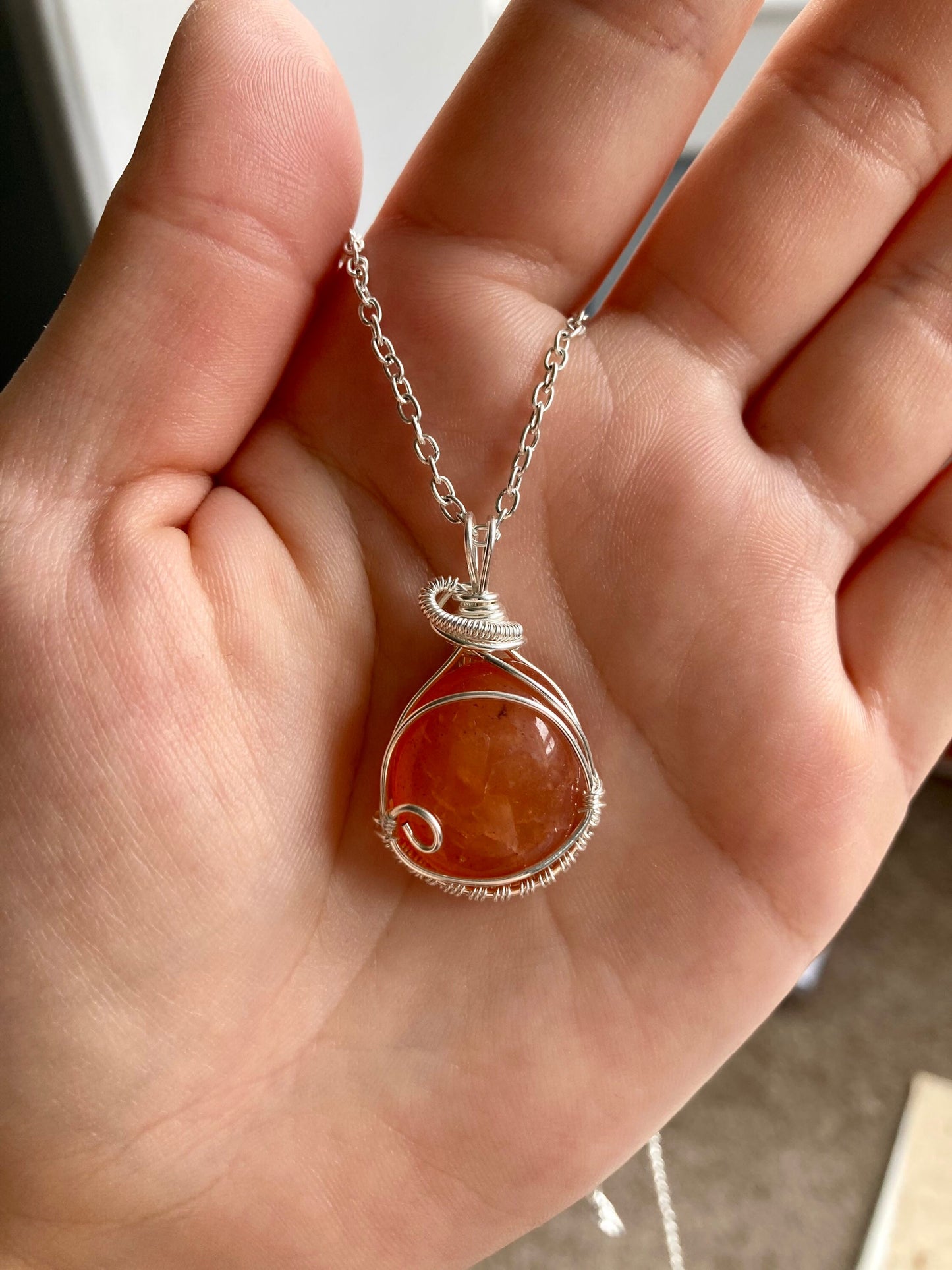 Carnelian pendant handmade necklace wire wrapped natural stone with 18 inch length chain