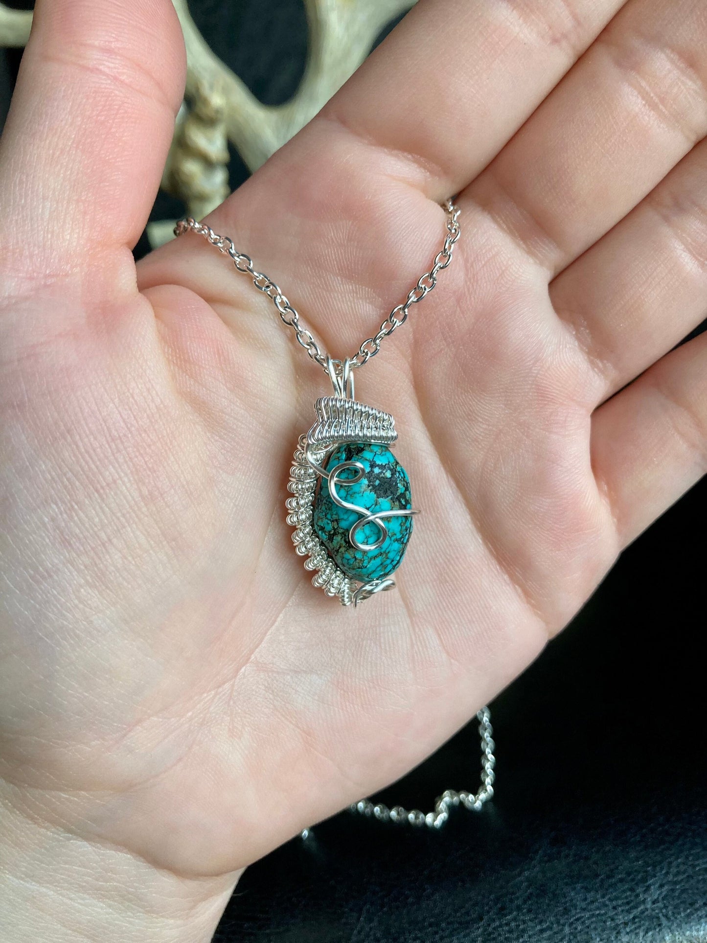 Tibetan turquoise pendant handmade necklace wire wrapped natural stone with 18 inch length chain