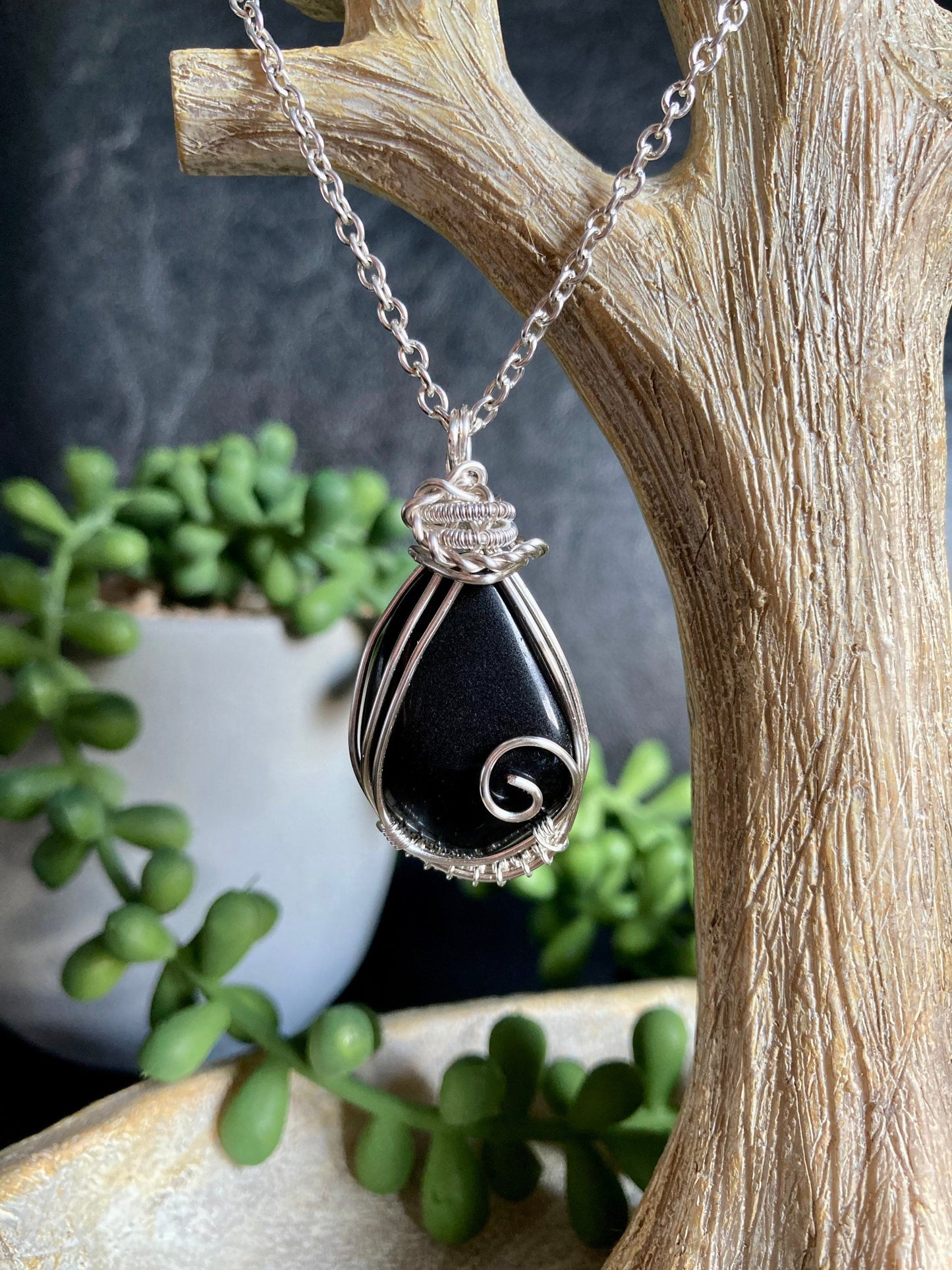 Obsidian pendant handmade necklace wire wrapped natural stone with 18 inch length chain