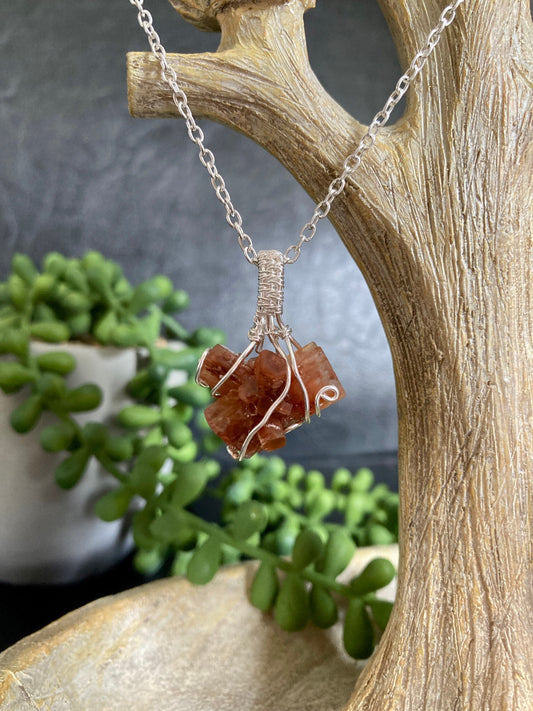 Aragonite pendant handmade necklace wire wrapped natural stone with 18 inch length chain