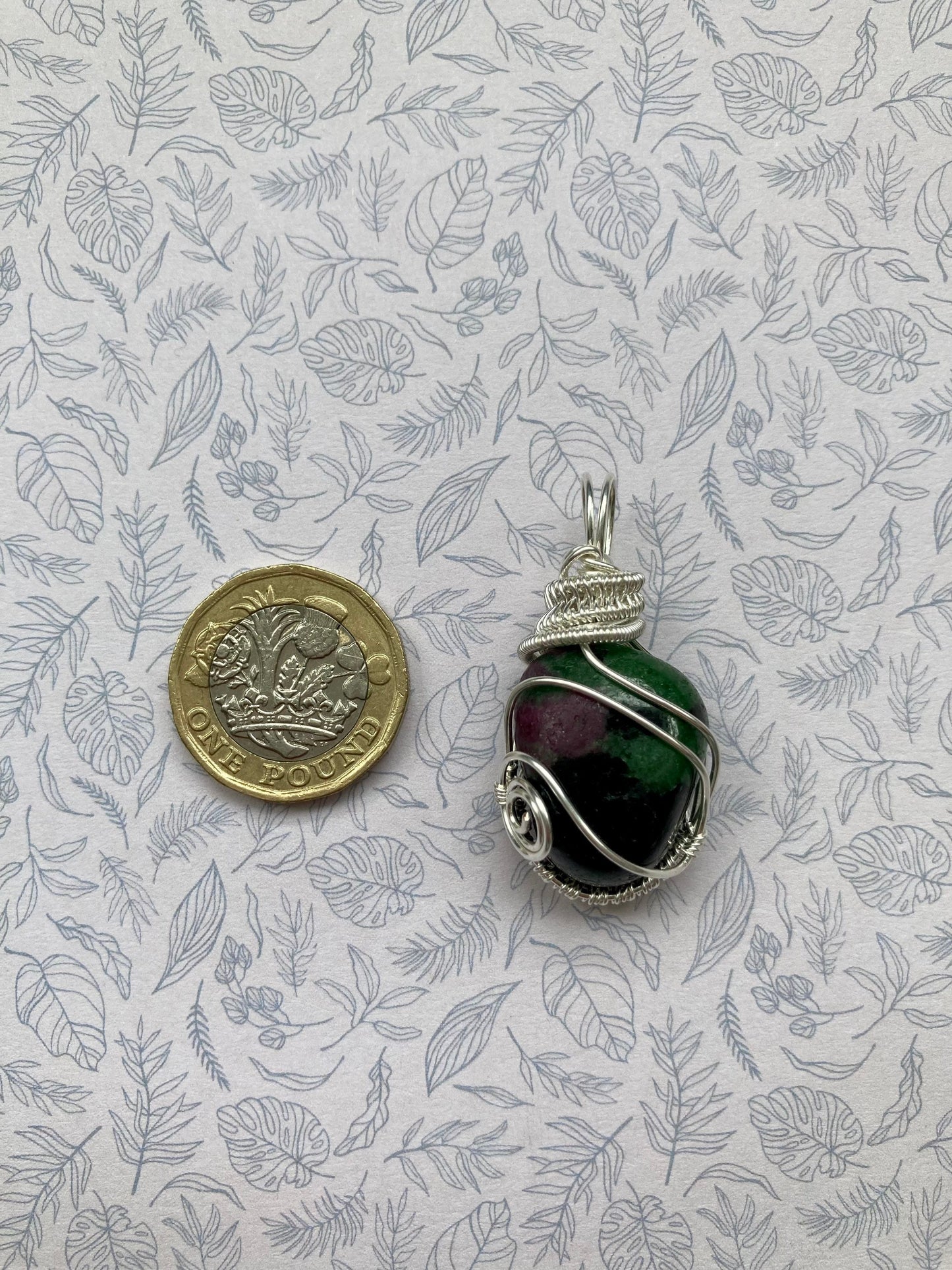 Ruby zoisite pendant handmade necklace wire wrapped natural stone with 18 inch length chain