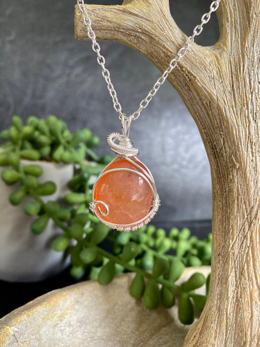 Carnelian pendant handmade necklace wire wrapped natural stone with 18 inch length chain