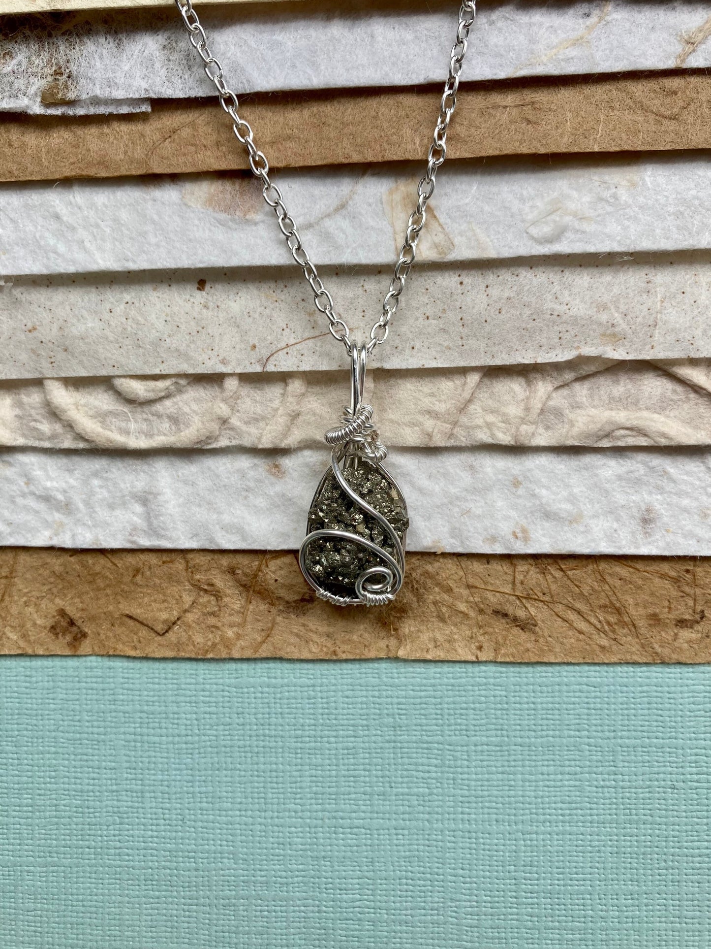 Pyrite necklace silver plated wire wrapped 18 inch length chain