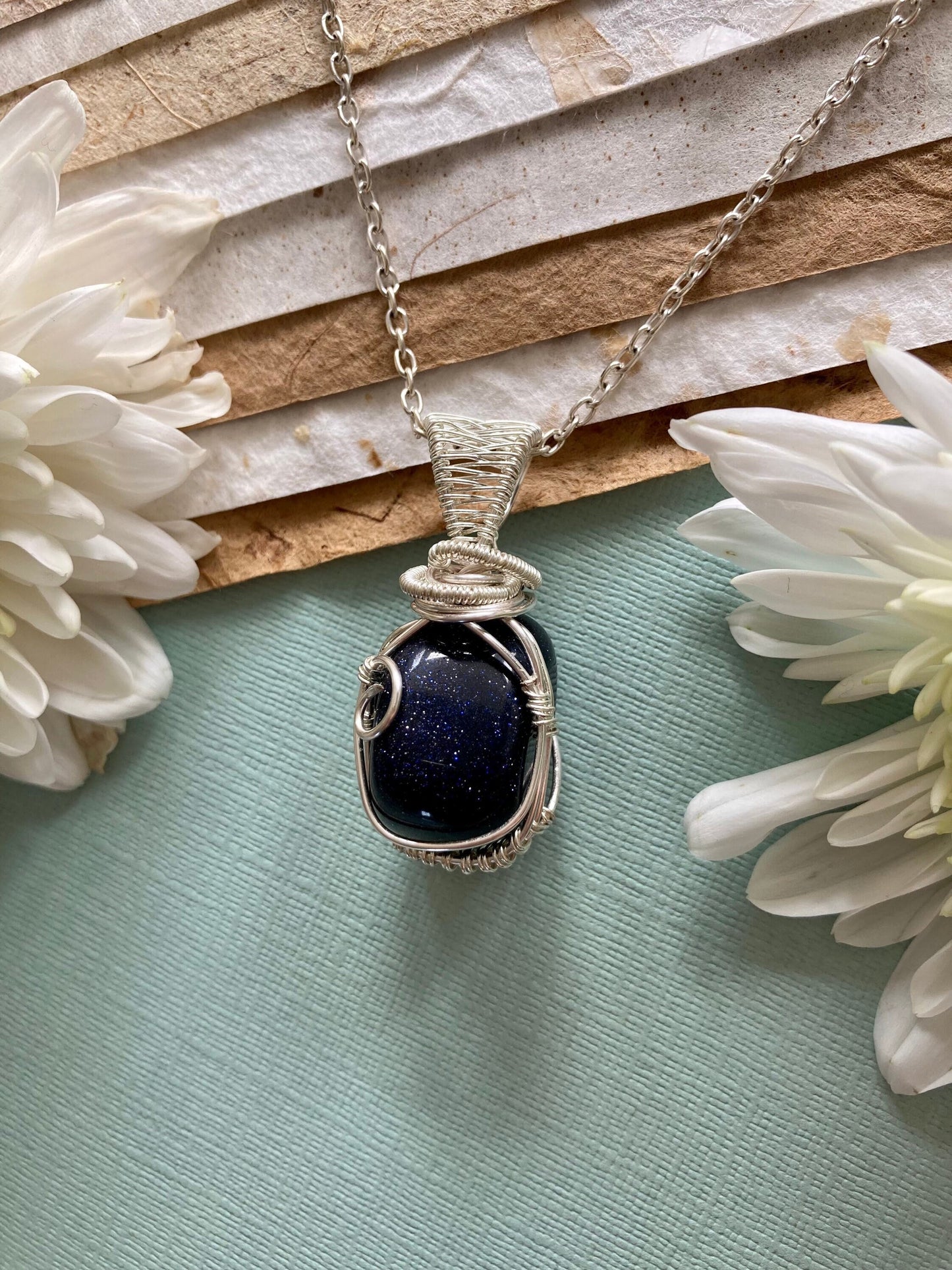 Blue goldstone pendant handmade necklace wire wrapped natural stone with 18 inch length chain